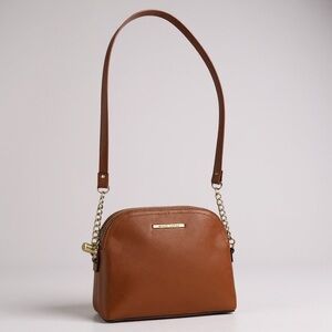 Brown Leatherette Crossbody Bag with Chain Accent